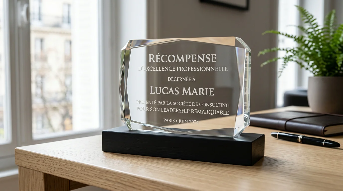 Trophée en verre optique gravé posé sur un socle noir sur un bureau