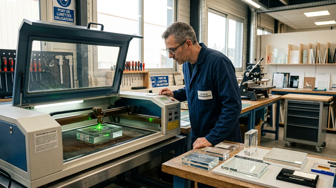 Technicien personnalisant un trophée en verre par gravure laser en atelier