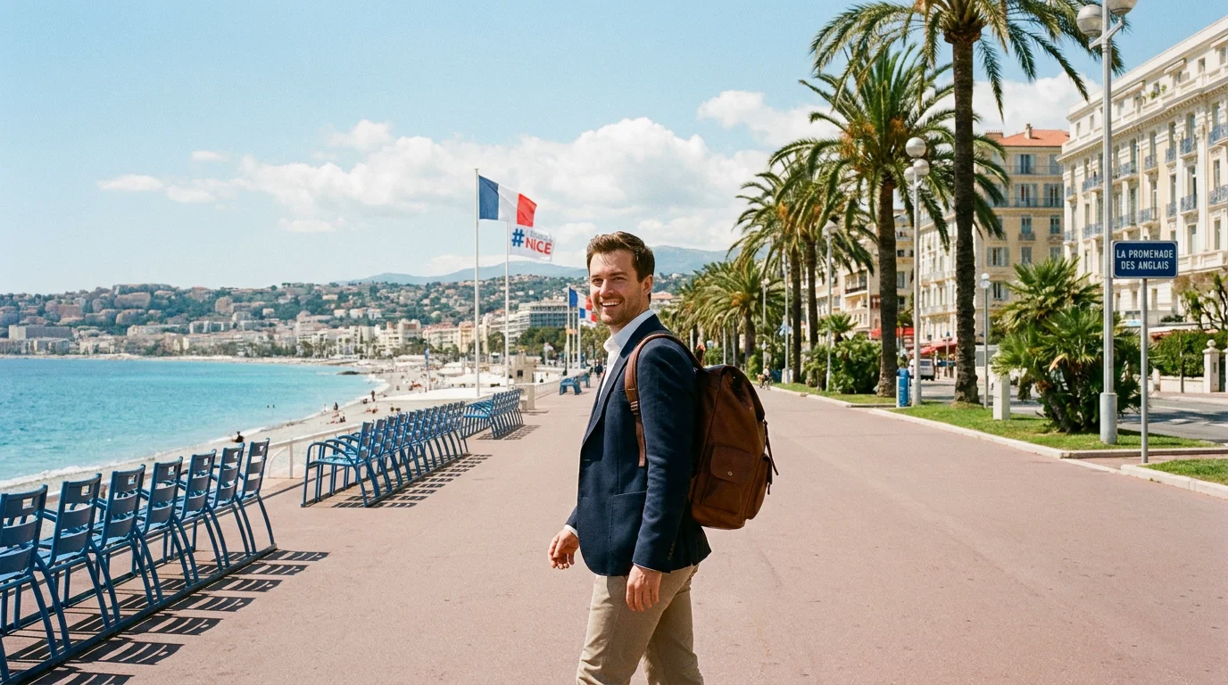 Jeune alternant marchant sur la Promenade des Anglais à Nice par une journée ensoleillée