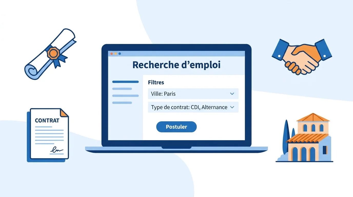 Illustration d'une recherche d'alternance en ligne avec filtres par ville et type de contrat