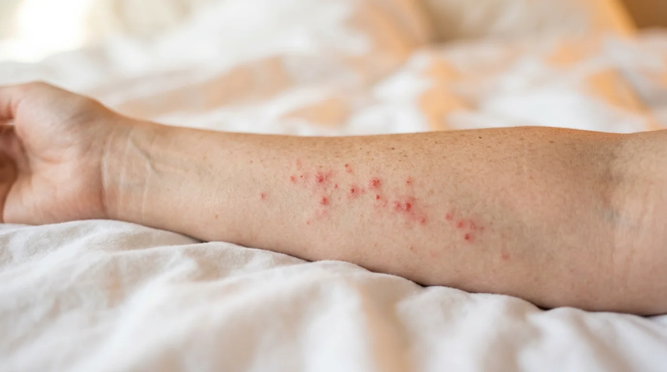 Boutons rouges alignés d'une piqûre de punaise de lit sur un avant-bras