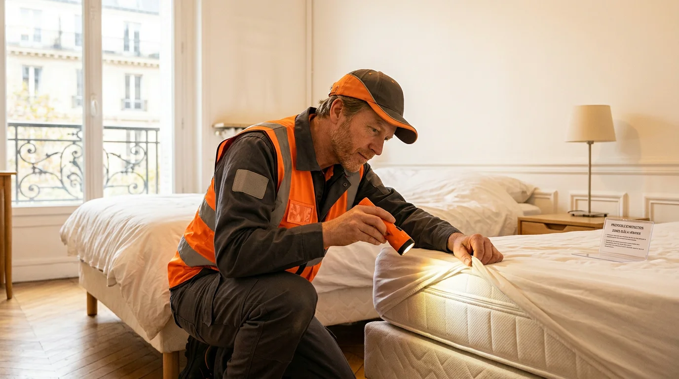 Technicien inspectant les coutures d'un matelas à la recherche de punaises de lit