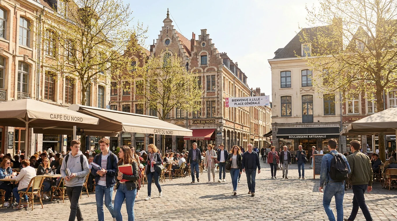 Vue de la Grand Place de Lille avec des étudiants traversant le centre-ville un jour de printemps