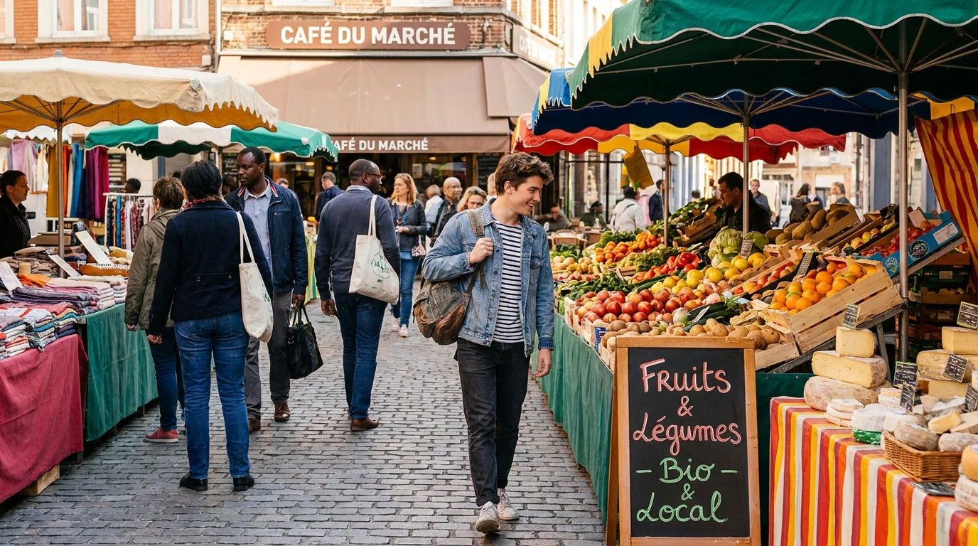 Rue animée du quartier Wazemmes à Lille avec des étals de marché colorés