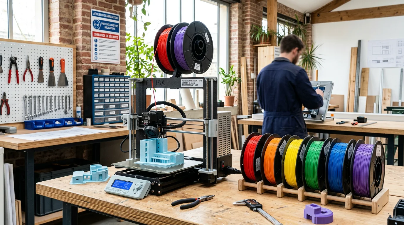 Imprimante 3D FDM en fonctionnement entourée de bobines de filament colorées dans un atelier