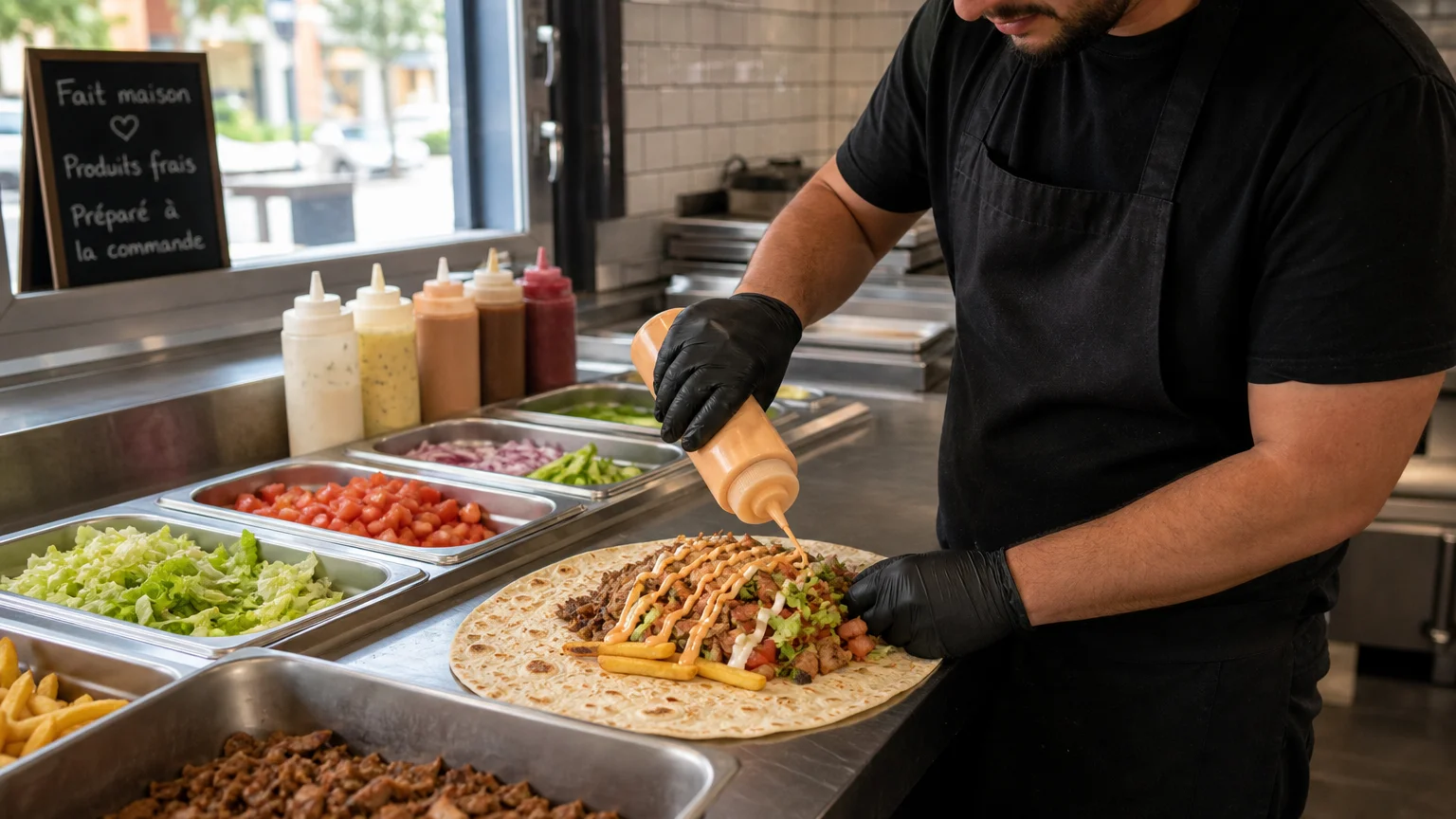 Préparation naturelle d’un tacos signature avec garnitures fraîches et sauces maison
