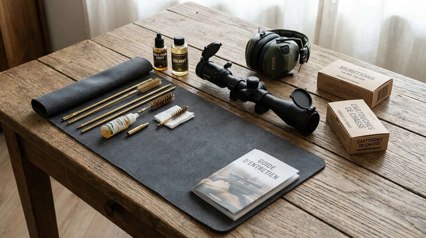 Accessoires de tir et d'entretien d'armes disposés sur une table en bois