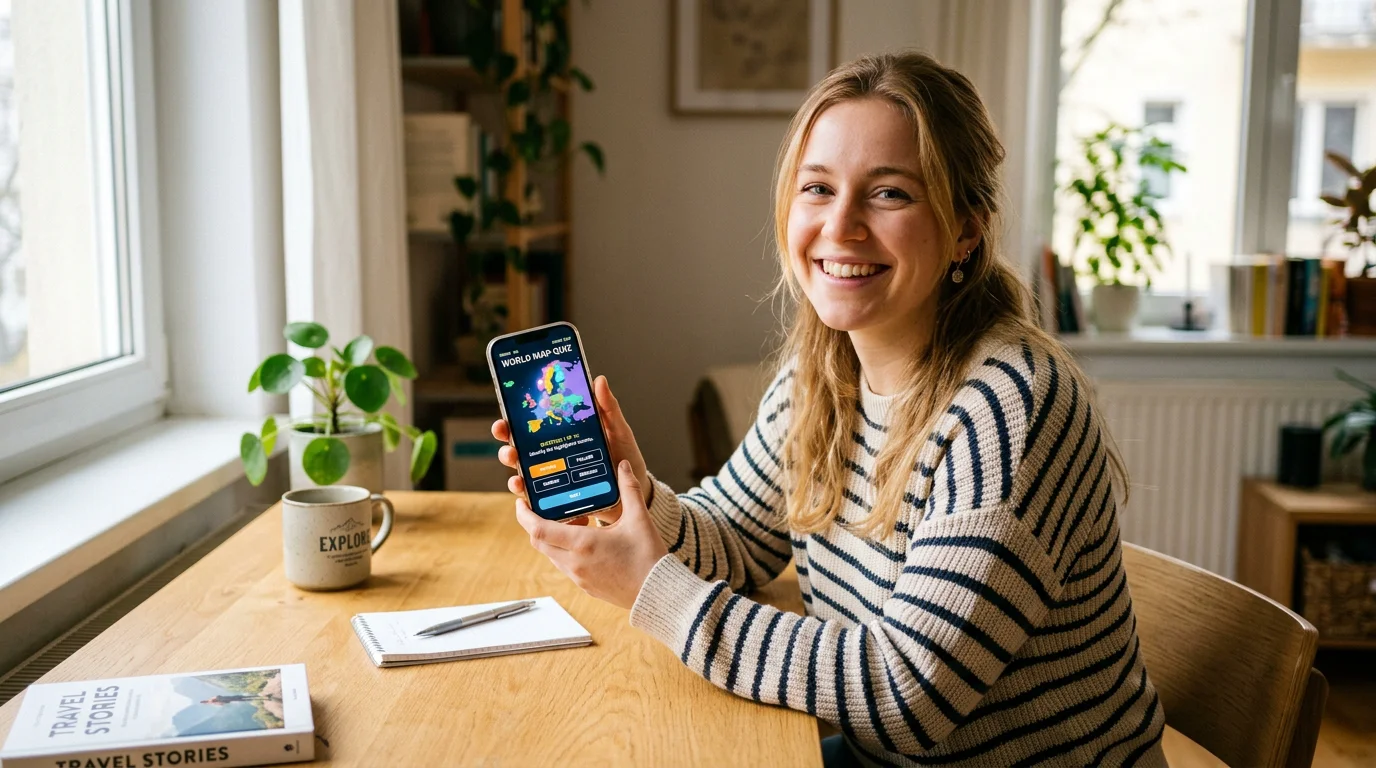 A person playing a country guessing game on a phone at a bright desk