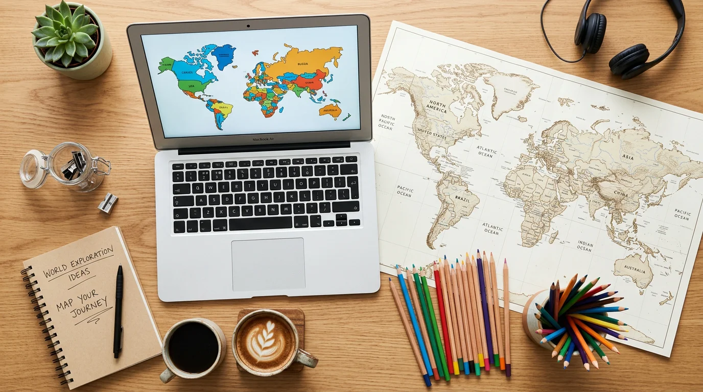 Flat lay desk setup for playing a daily geography guessing challenge