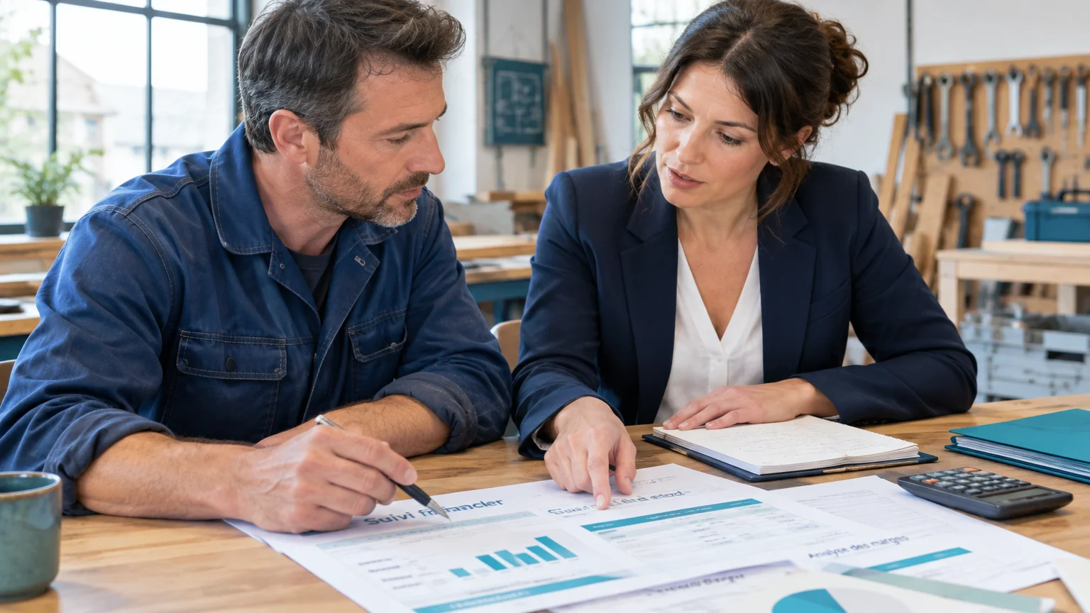 Dirigeant et conseillère analysant ensemble les chiffres d’une entreprise