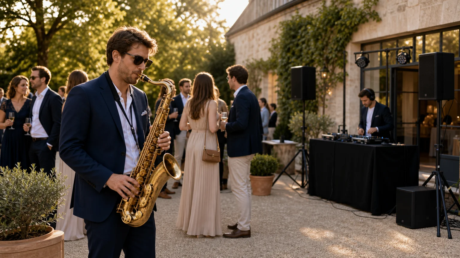 Saxophone live pendant le cocktail et installation DJ pour un mariage