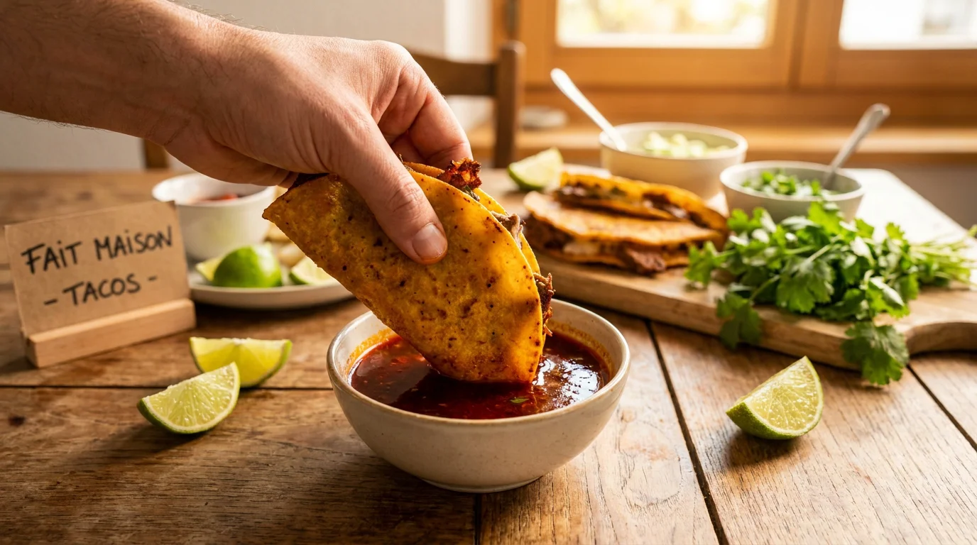 Taco de birria trempé dans un consommé riche et épicé, geste typique de la dégustation