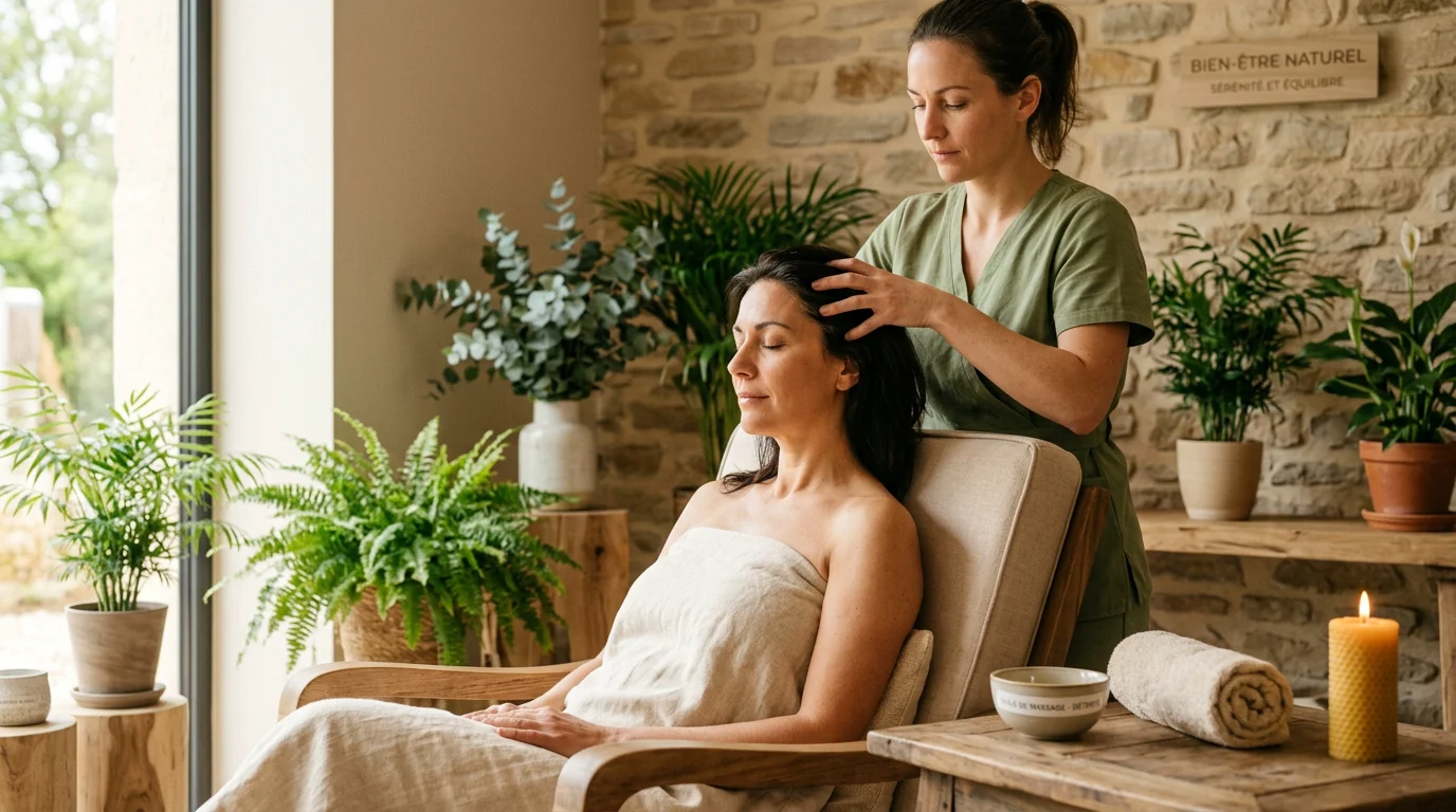Femme détendue recevant un massage crânien indien dans un cadre de spa apaisant