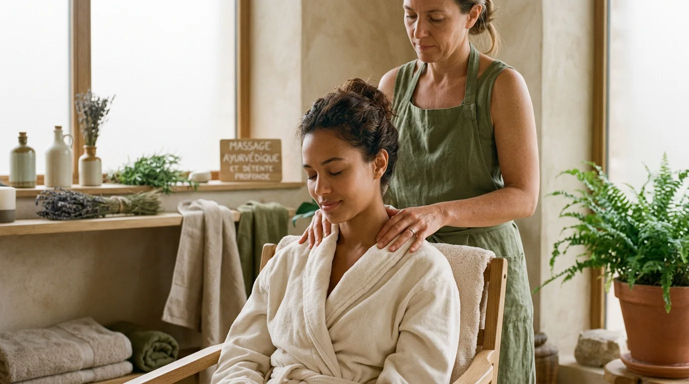 Praticienne réalisant un massage crânien indien sur le cuir chevelu d'une cliente détendue