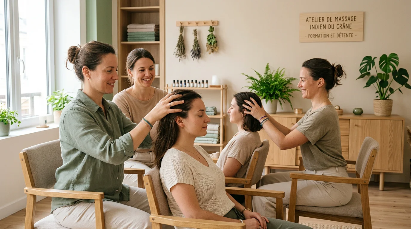 Petit groupe de stagiaires pratiquant le massage crânien indien lors d'une formation