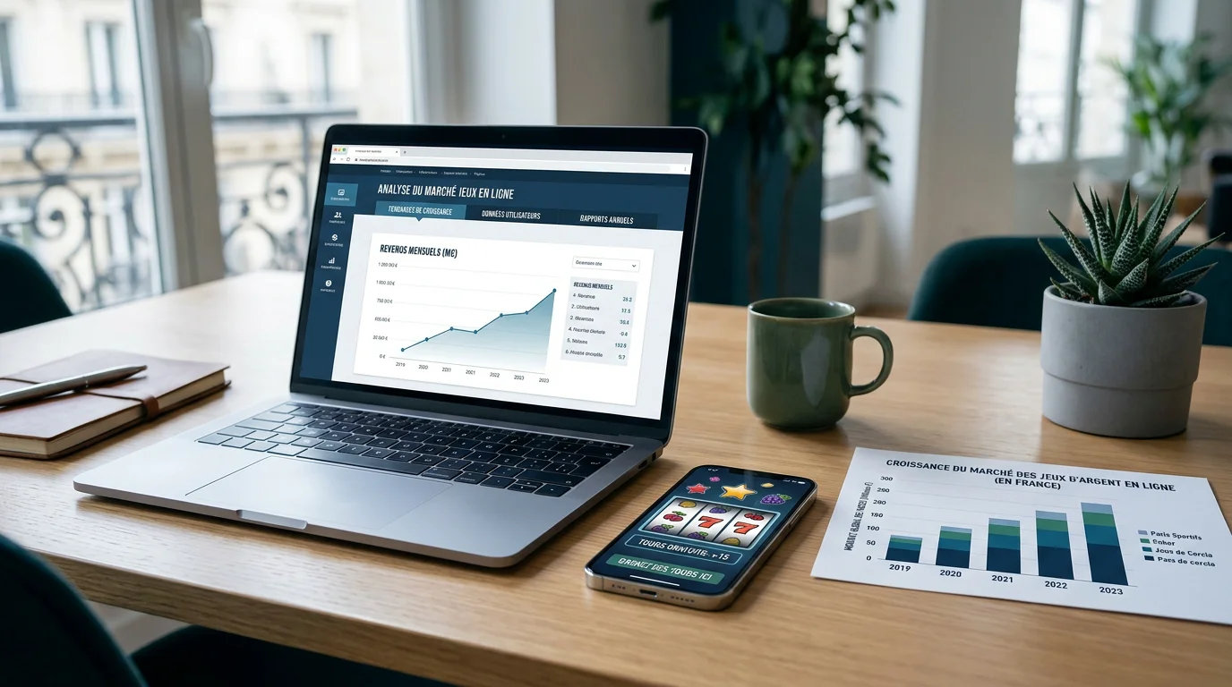 Bureau avec ordinateur affichant des symboles de machines à sous et un graphique de croissance du marché