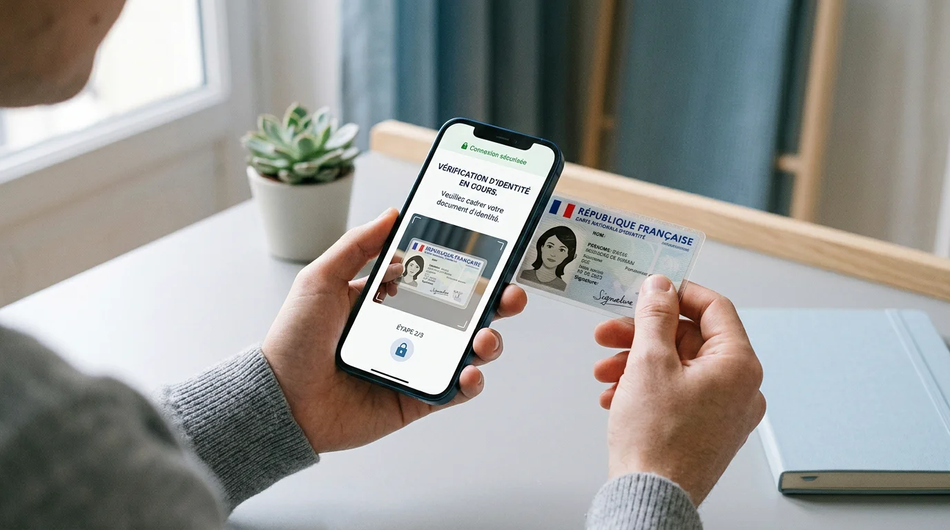 Mains tenant un smartphone et une pièce d'identité lors d'une vérification de compte en ligne