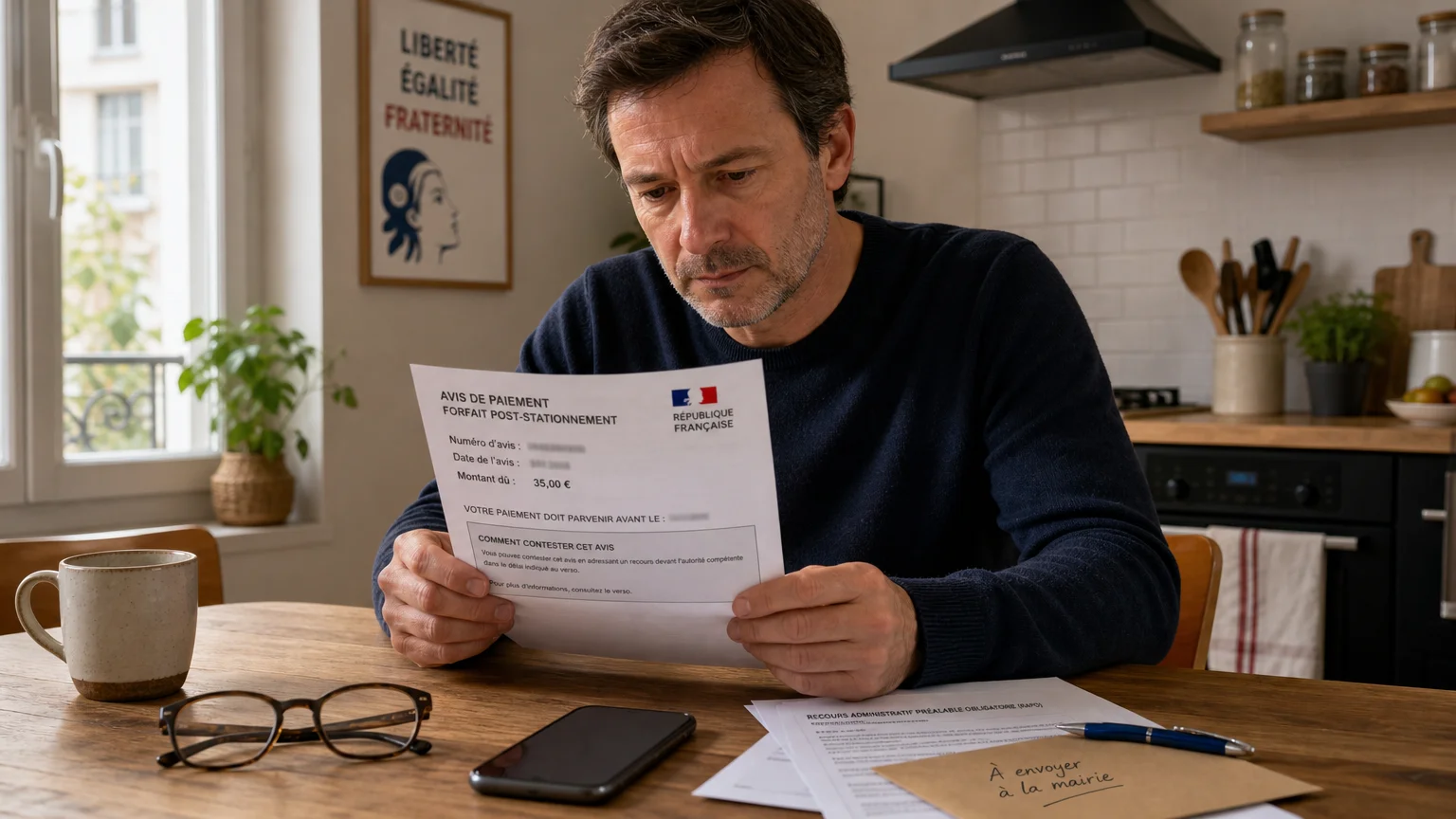 Automobiliste européen lisant attentivement son avis de paiement FPS à domicile