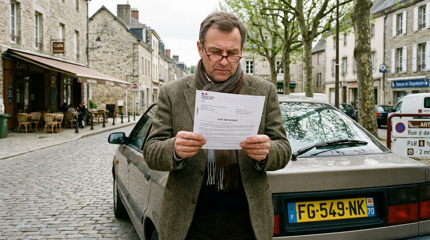 Automobiliste consultant un avis de paiement de forfait post-stationnement dans une rue française