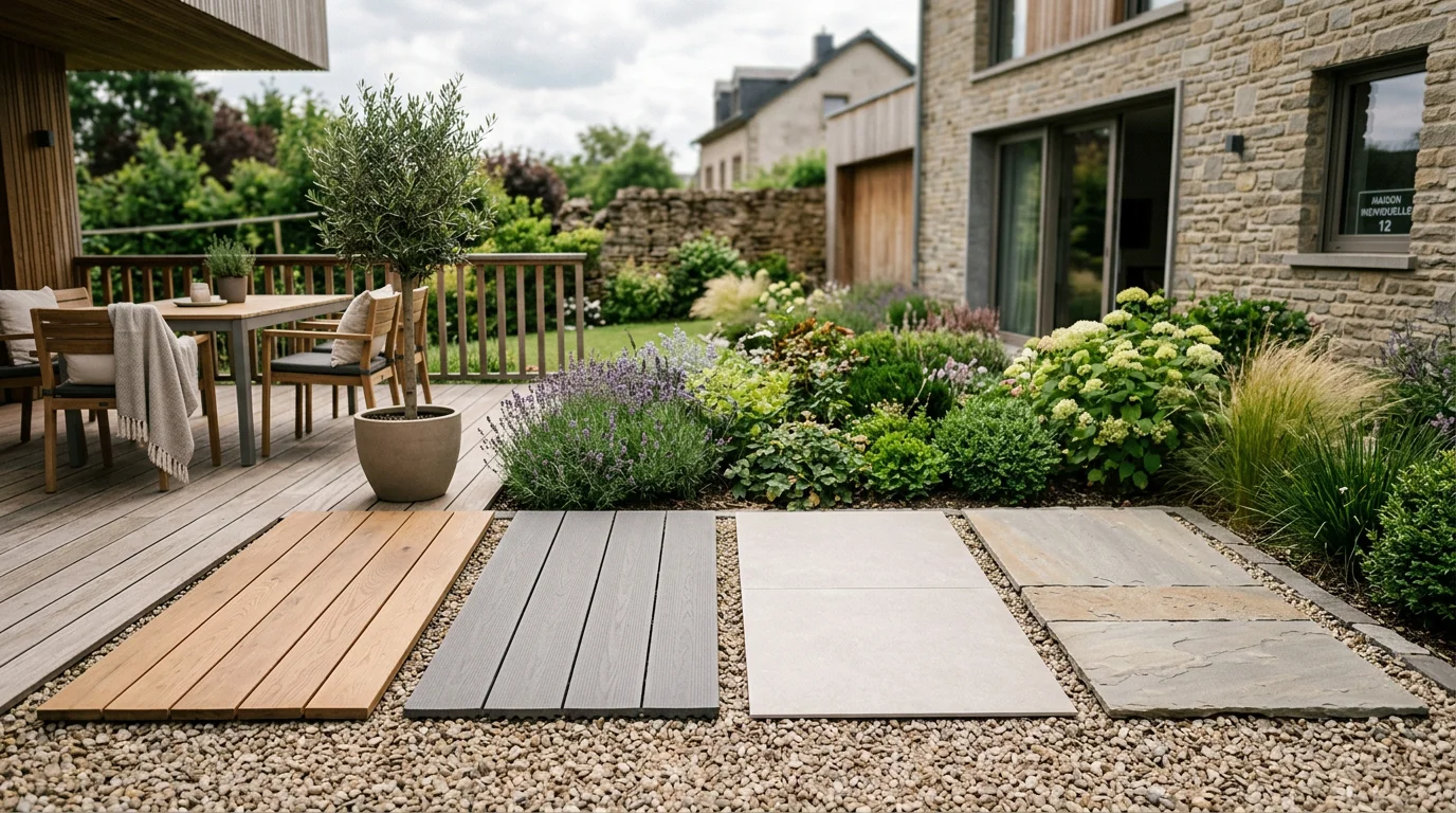 Échantillons de revêtements de terrasse posés côte à côte dans un jardin