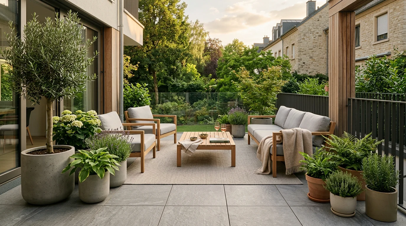 Terrasse contemporaine en grès cérame grand format avec mobilier de jardin