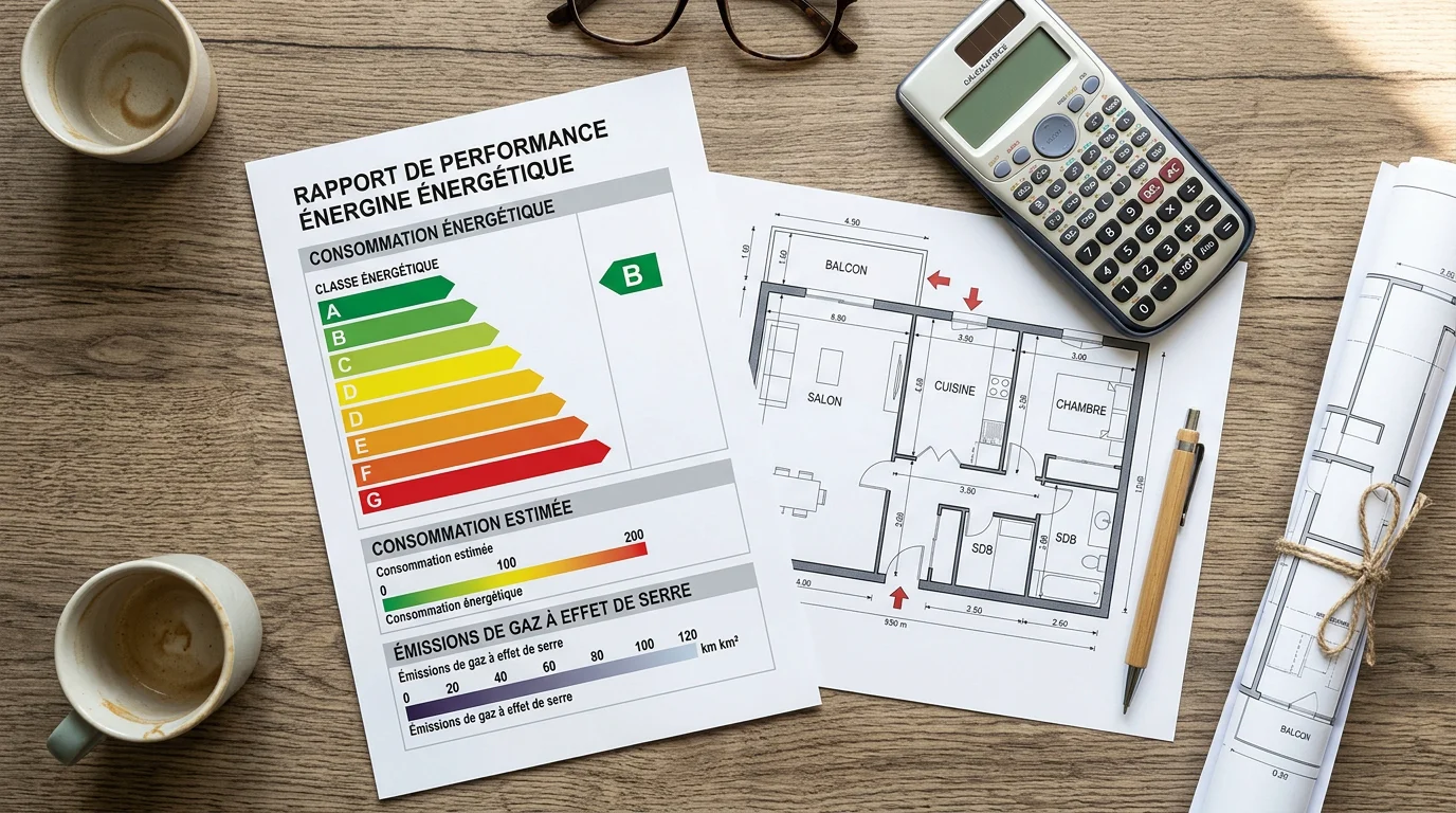 Rapport de diagnostic énergétique et étiquette de A à G posés sur un bureau