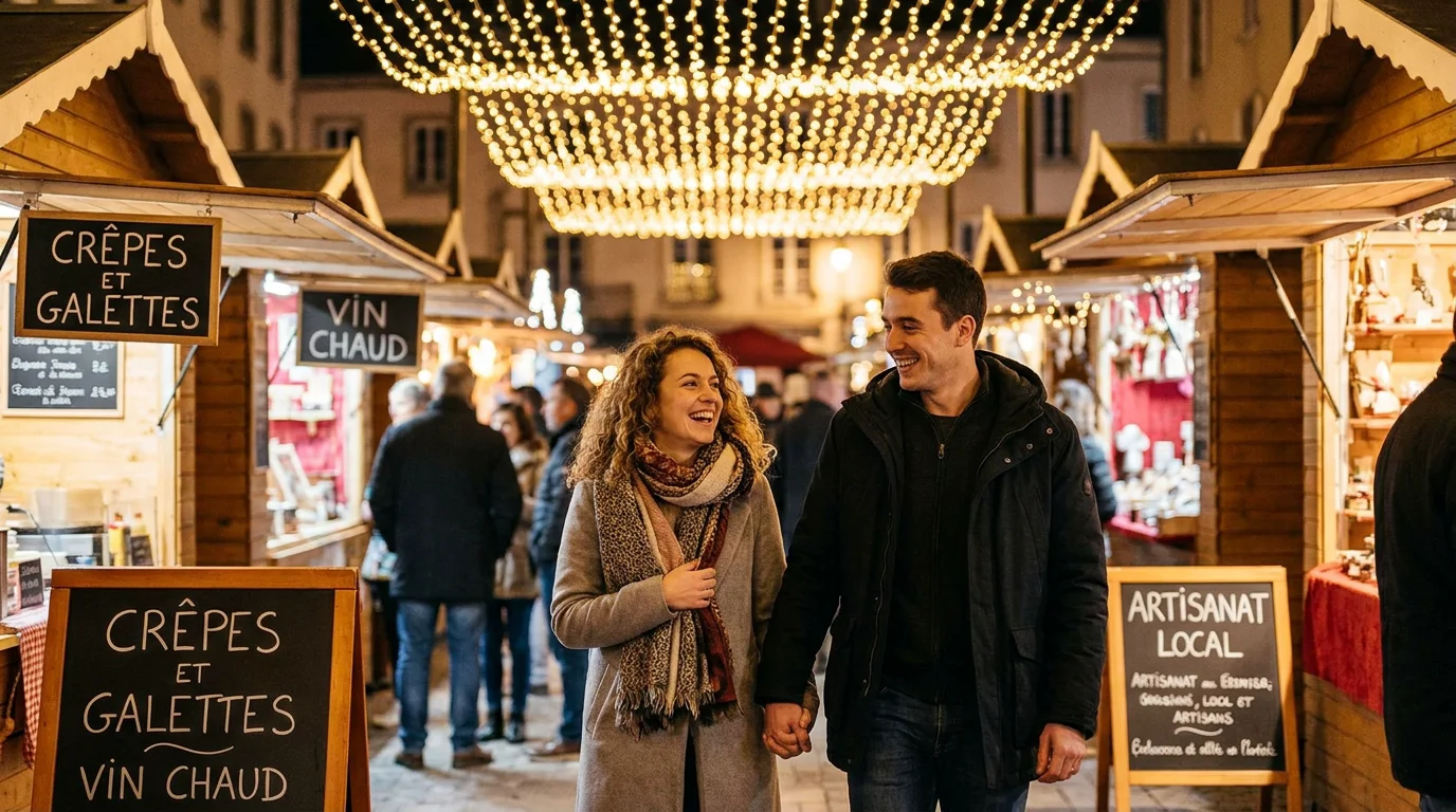 Couple se promenant main dans la main dans un marché nocturne en plein air en France