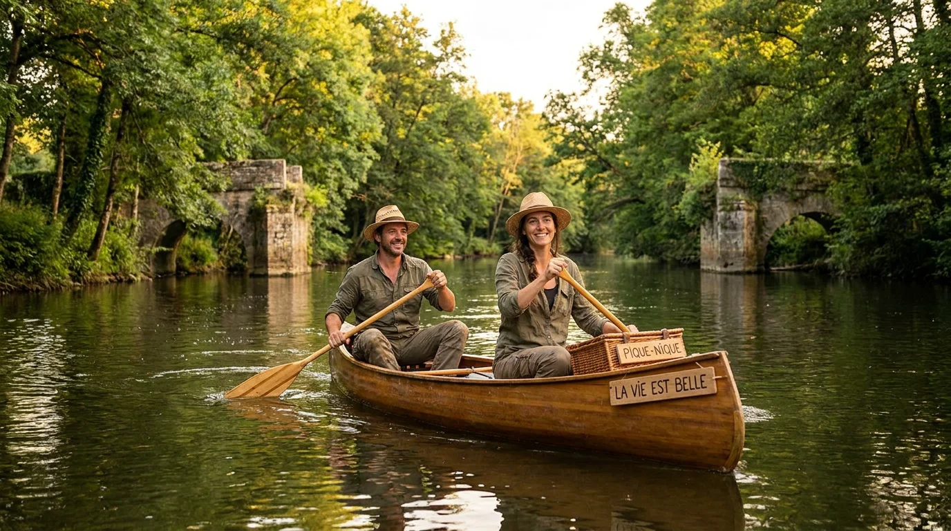 Couple pagayant en canoë sur une rivière calme dans la campagne française