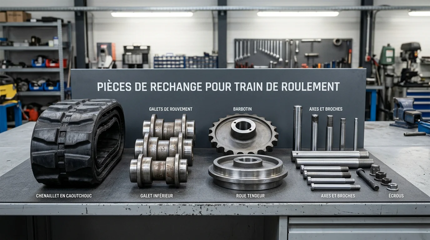Pièces de train de roulement pour mini-pelle disposées sur un établi d'atelier