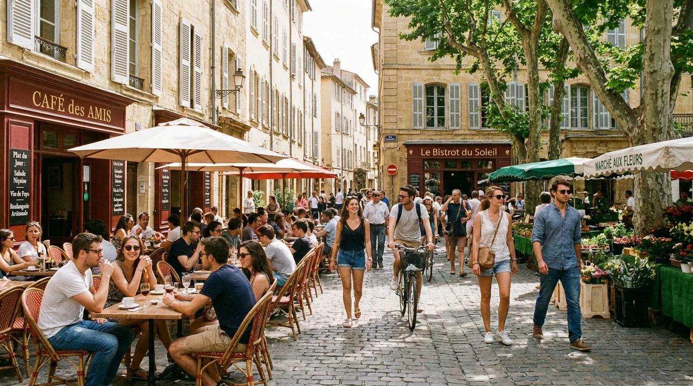 Rue animée du centre-ville de Nîmes avec terrasses, propice aux jobs étudiants