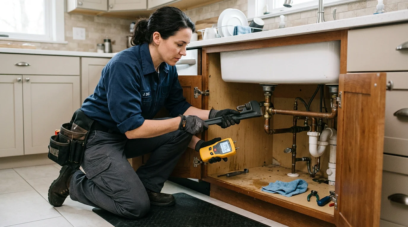 Plumber repairing a leaking pipe joint under a sink with a moisture meter nearby