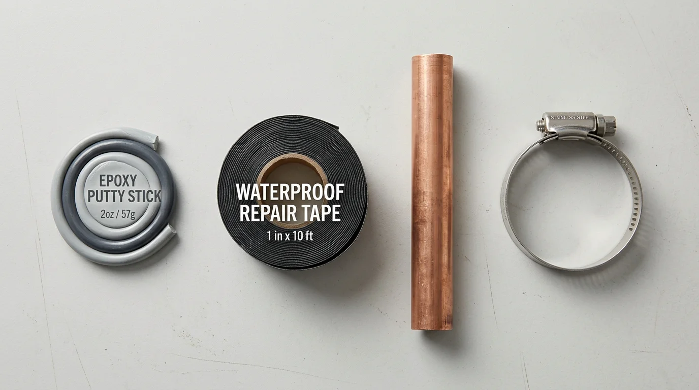 Flat lay of pipe repair materials including epoxy putty, tape, and a copper pipe section