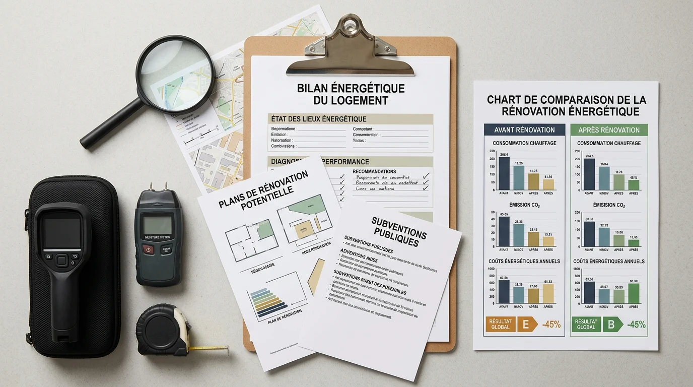 Outils et documents d'un diagnostic immobilier disposés à plat