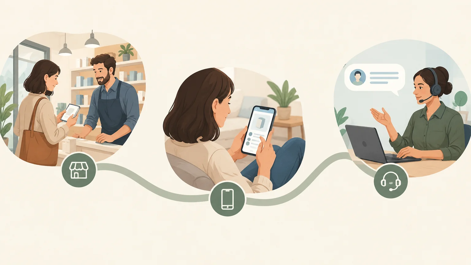 Illustration eines Kunden, der innerhalb einer konsistenten Customer Journey vom Geschäft zum Smartphone und anschließend zum Kundenservice wechselt