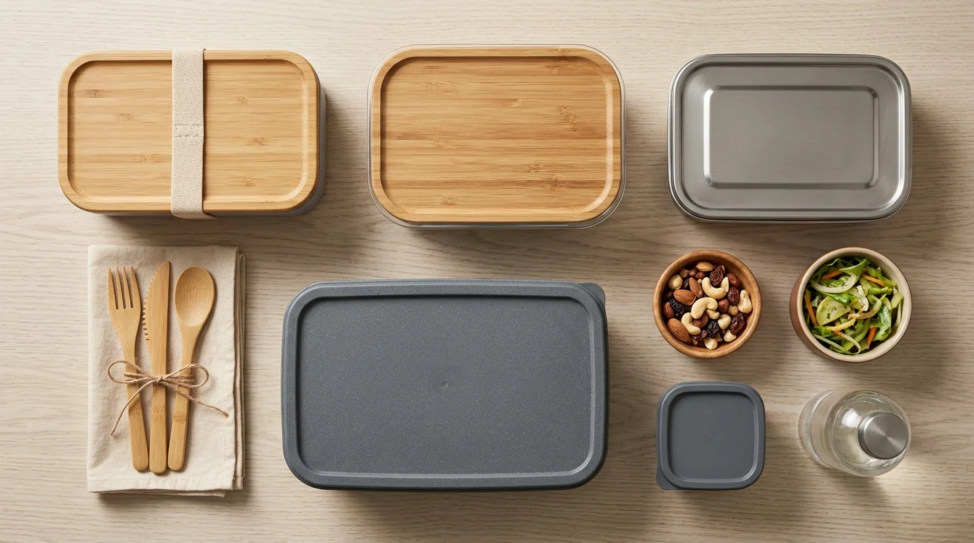 Différentes lunch box réutilisables en bambou, verre, inox et plastique recyclé posées sur un plan de travail