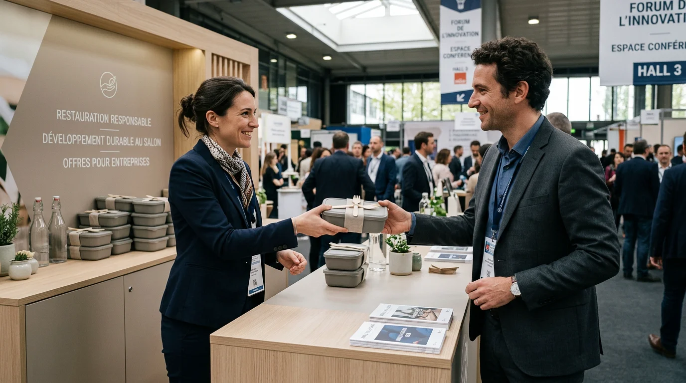 Remise d'une boîte repas personnalisée sur un stand de salon professionnel