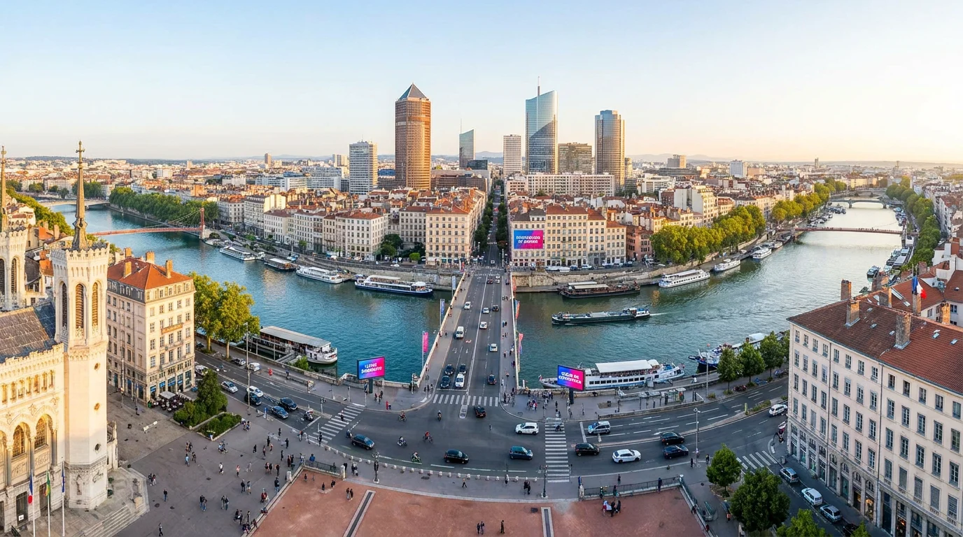 Vue panoramique de Lyon avec la skyline de la Part-Dieu et les fleuves