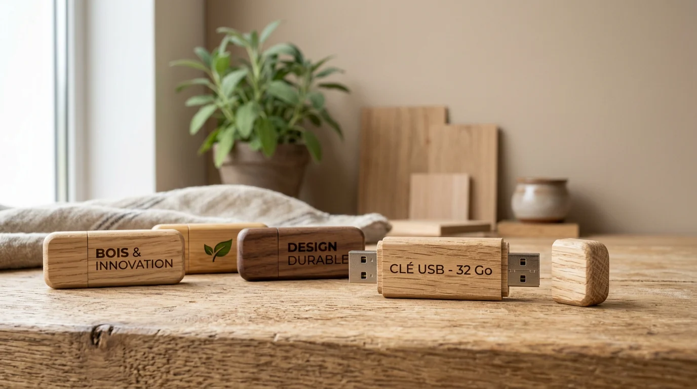 Clés USB en bois naturel de différentes essences posées sur un plan en bois