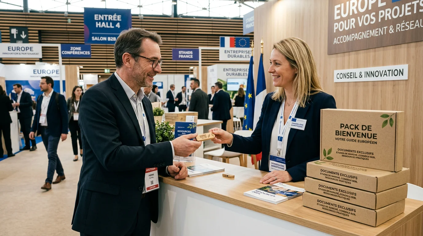 Remise d'une clé USB en bois gravée sur un stand de salon professionnel
