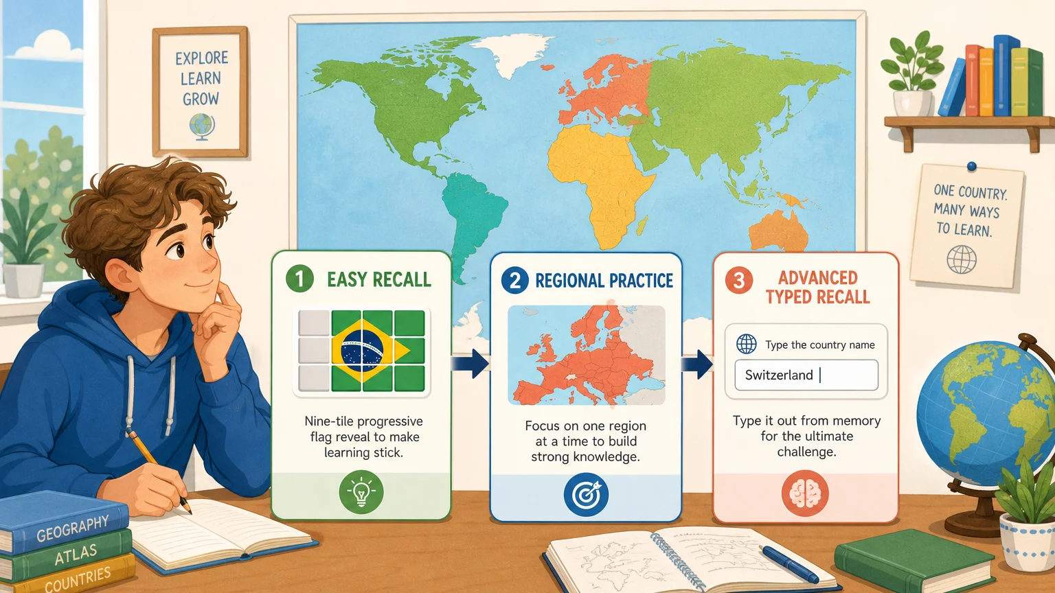 Illustration of a world capitals quiz progressing from easy recall to advanced practice