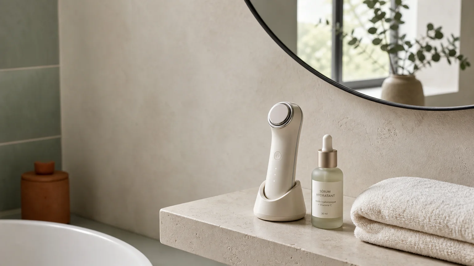 Appareil facial domestique dans une salle de bains lumineuse