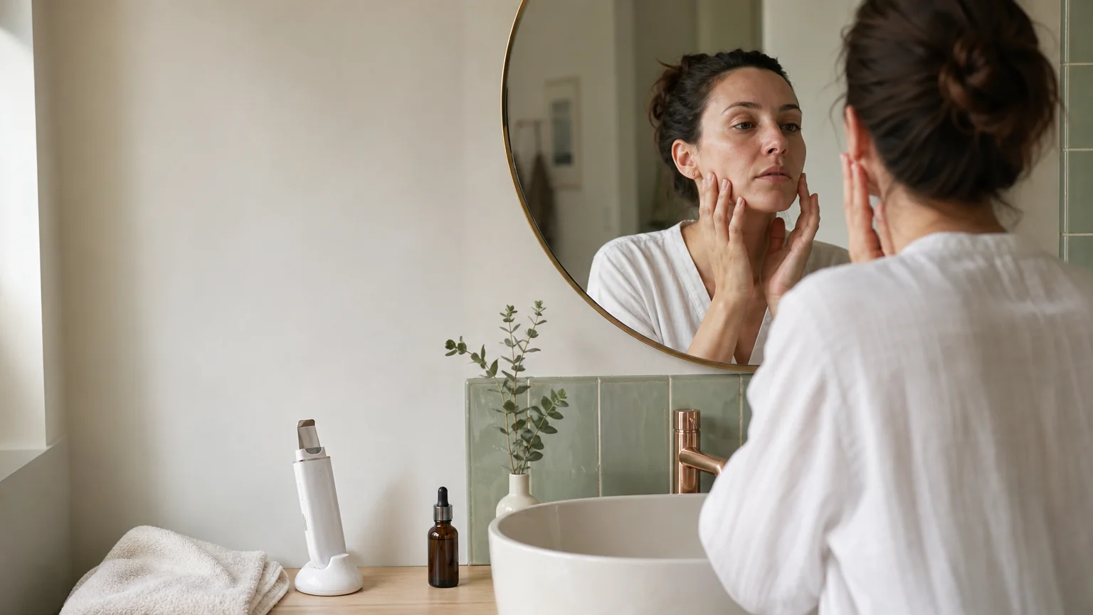 Personne observant sa peau avec un appareil facial domestique