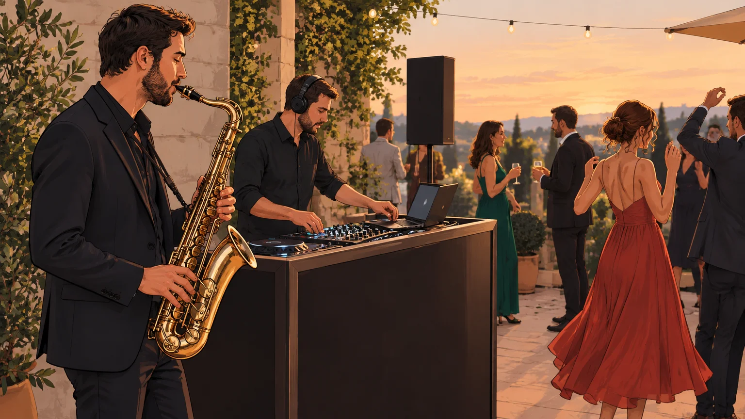 Un saxophoniste joue près du DJ pendant une réception privée