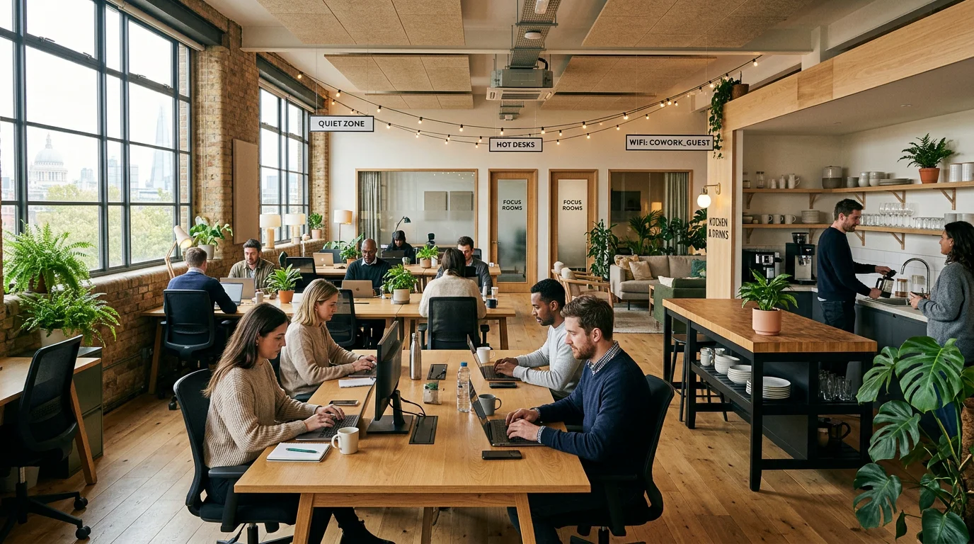 Professionals working in a bright shared coworking office in the UK