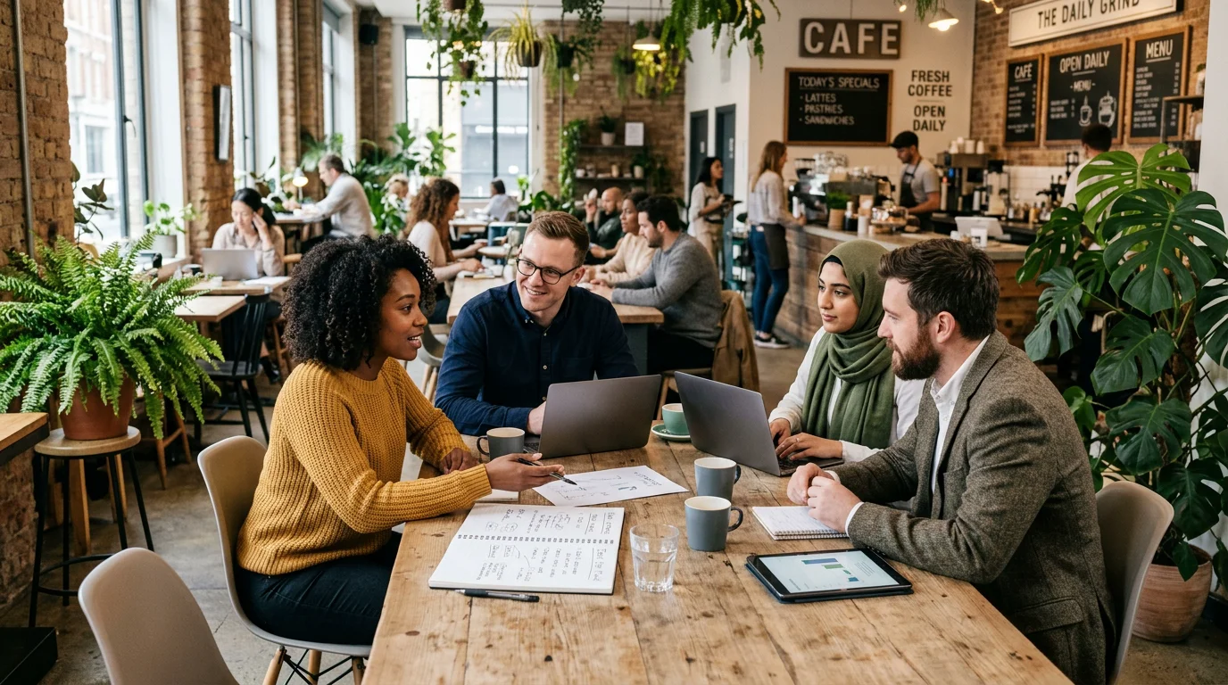 A small team collaborating in a coworking lounge in the United Kingdom