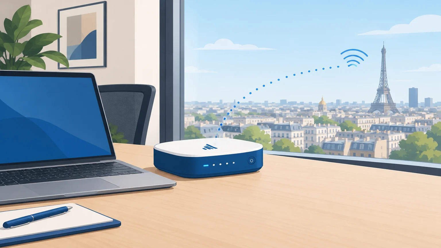 Illustration éditoriale d’un accès 5G professionnel dans un bureau parisien