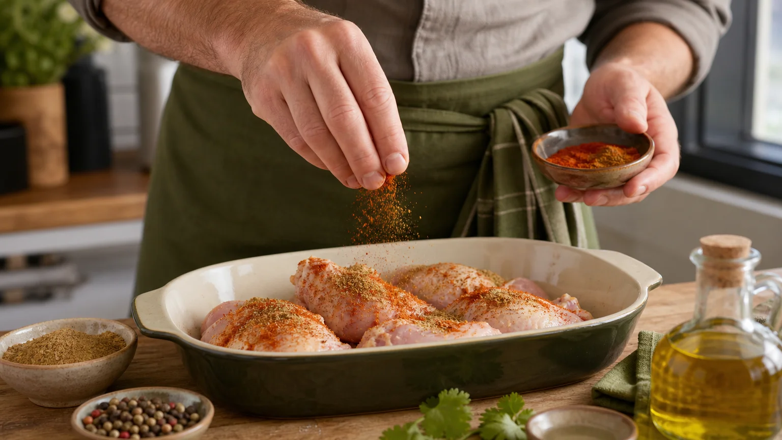 Assaisonnement de morceaux de poulet avec des épices