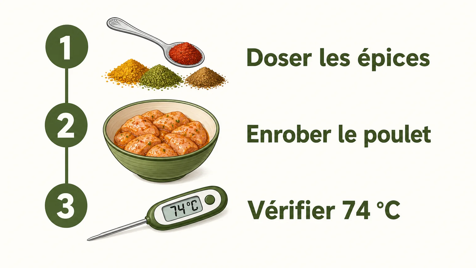 Trois étapes pour assaisonner et cuire le poulet