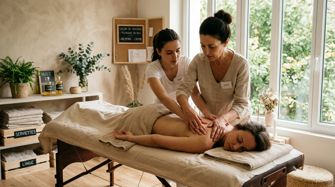 Formatrice corrigeant le geste d'une stagiaire lors d'un cours de massage en présentiel