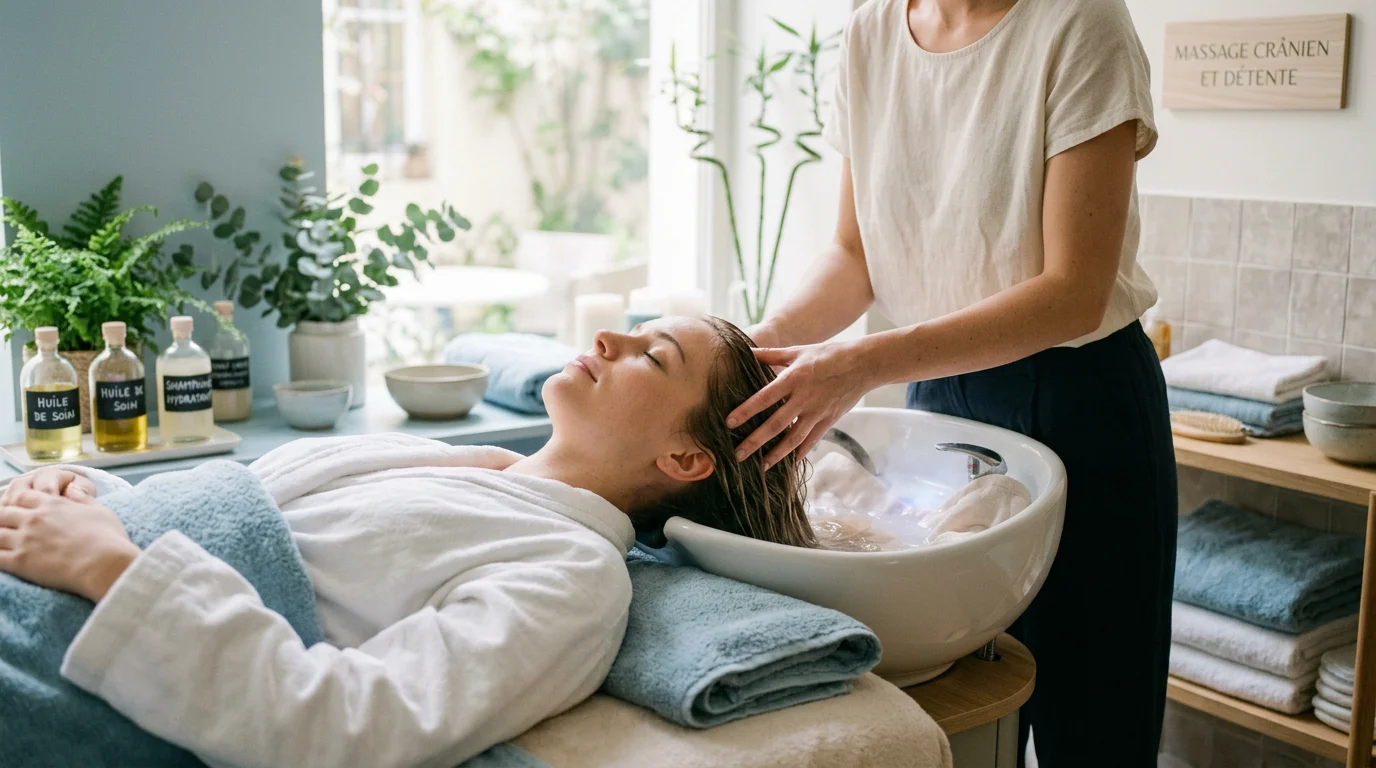 Soin Head Spa relaxant du cuir chevelu dans une ambiance spa apaisante